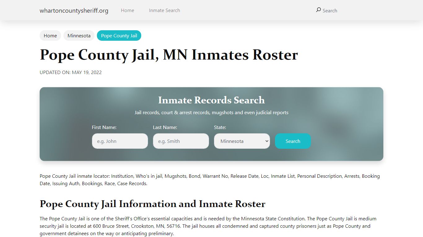 Pope County Jail, MN Jail Roster, Name Search